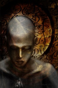 Close Your Eyes and See _ An ethereal dreamlike spiritual portrait in rich orange and browns is part of my spiritual beings of light collection. Artwork by Margaret Dill