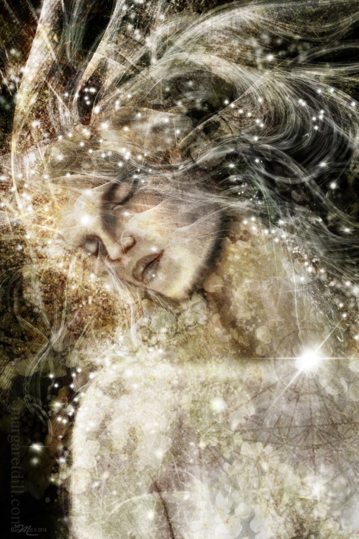 Inner Dance. An ethereal dreamlike portrait of a woman in a state of euphoria. Visionary image in soft creams and browns, is part of my beings of light collection.