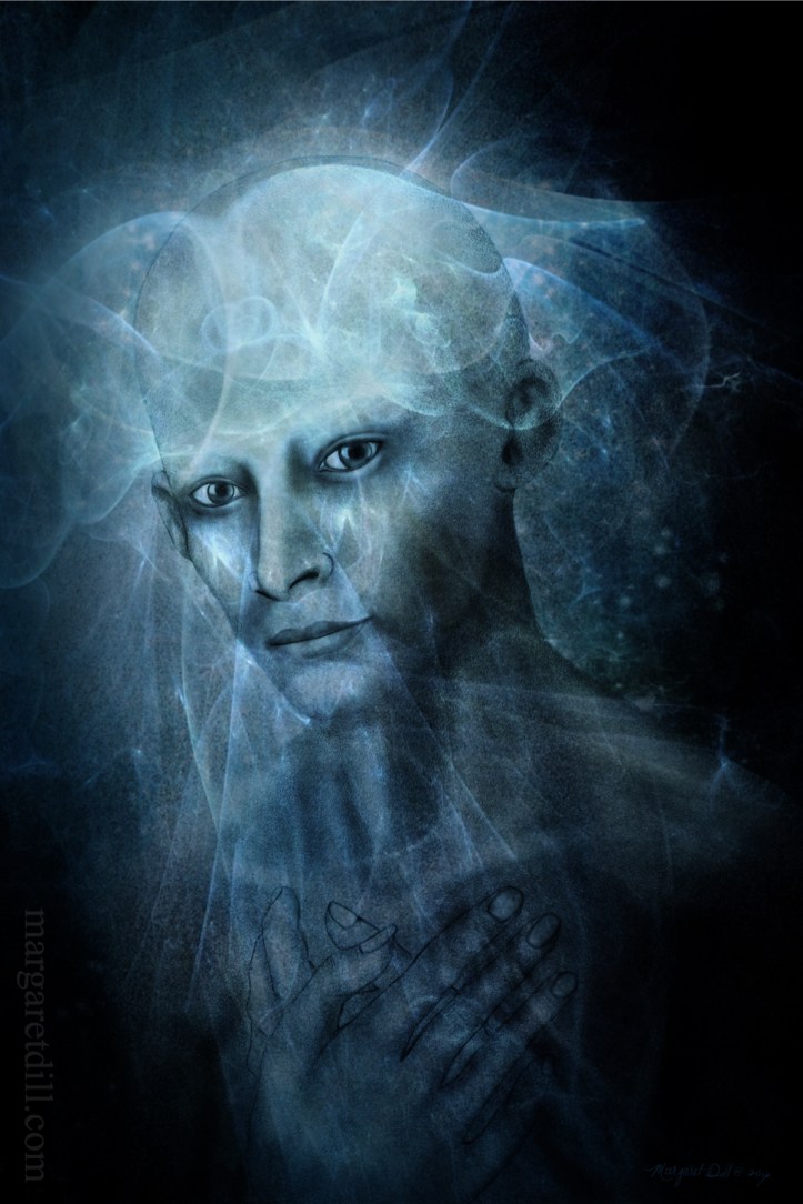 An ethereal dreamlike portrait of Paramahansa Yogananda in muted blues is part of my beings of light collection.