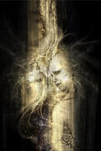 Soul Reflection- A spiritual, visionary portrait of soul mates. Mystical portrait in pale muted yellow and dark browns. This visionary image is part of my beings of light collection.