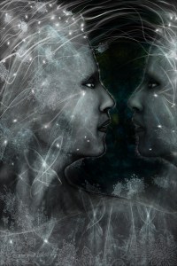 Face to Face An ethereal dreamlike spiritual portrait in deep blues and shadow, is part of my spiritual beings of light collection. Artwork by Margaret Dill #Visionaryart #Visionaryartspiritual #Visionaryartmystical #Margaretdill