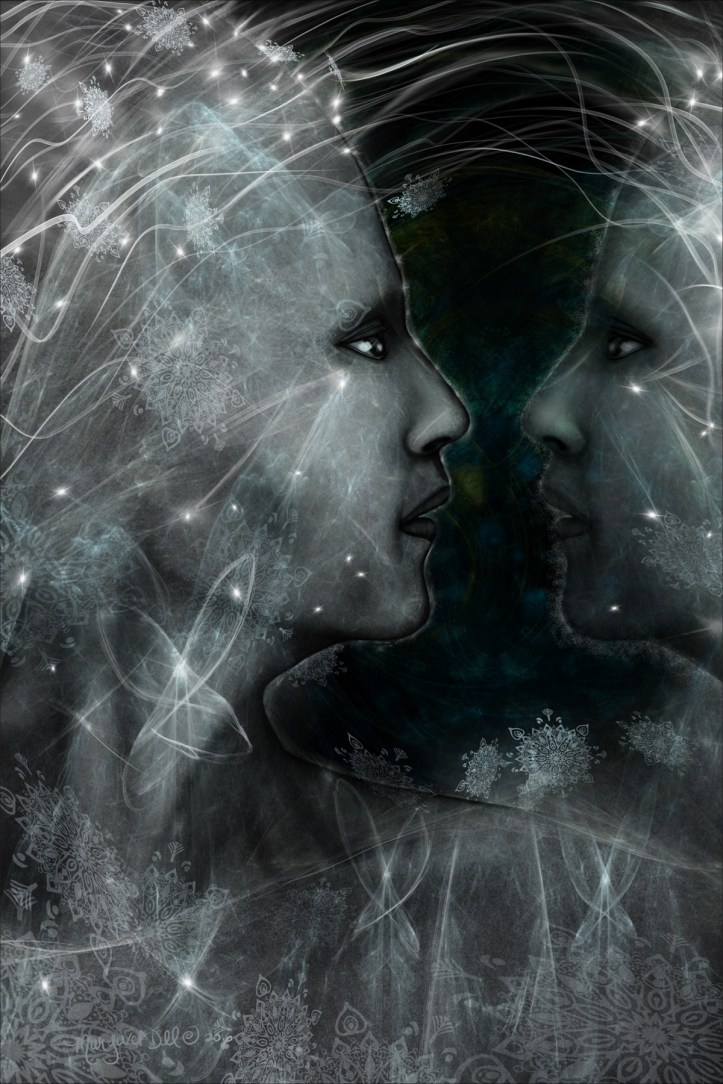 Face to Face An ethereal dreamlike spiritual portrait in deep blues and shadow, is part of my spiritual beings of light collection. Artwork by Margaret Dill #Visionaryart #Visionaryartspiritual #Visionaryartmystical #Margaretdill