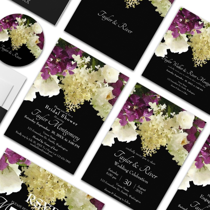 Watercolor Painted Purple & Ivory Flowers