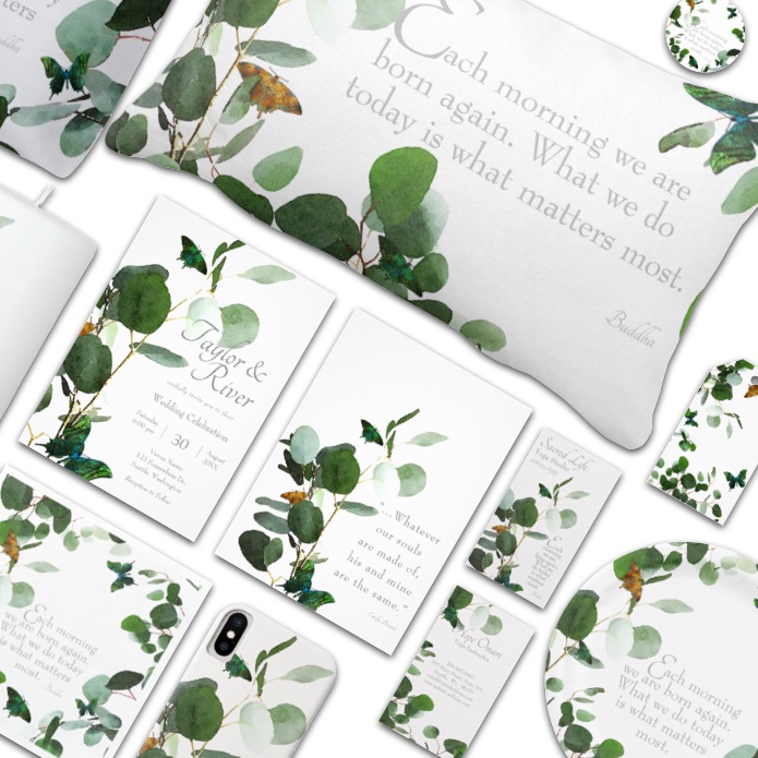 Inspirational Watercolor, Eucalyptus & Butterflies